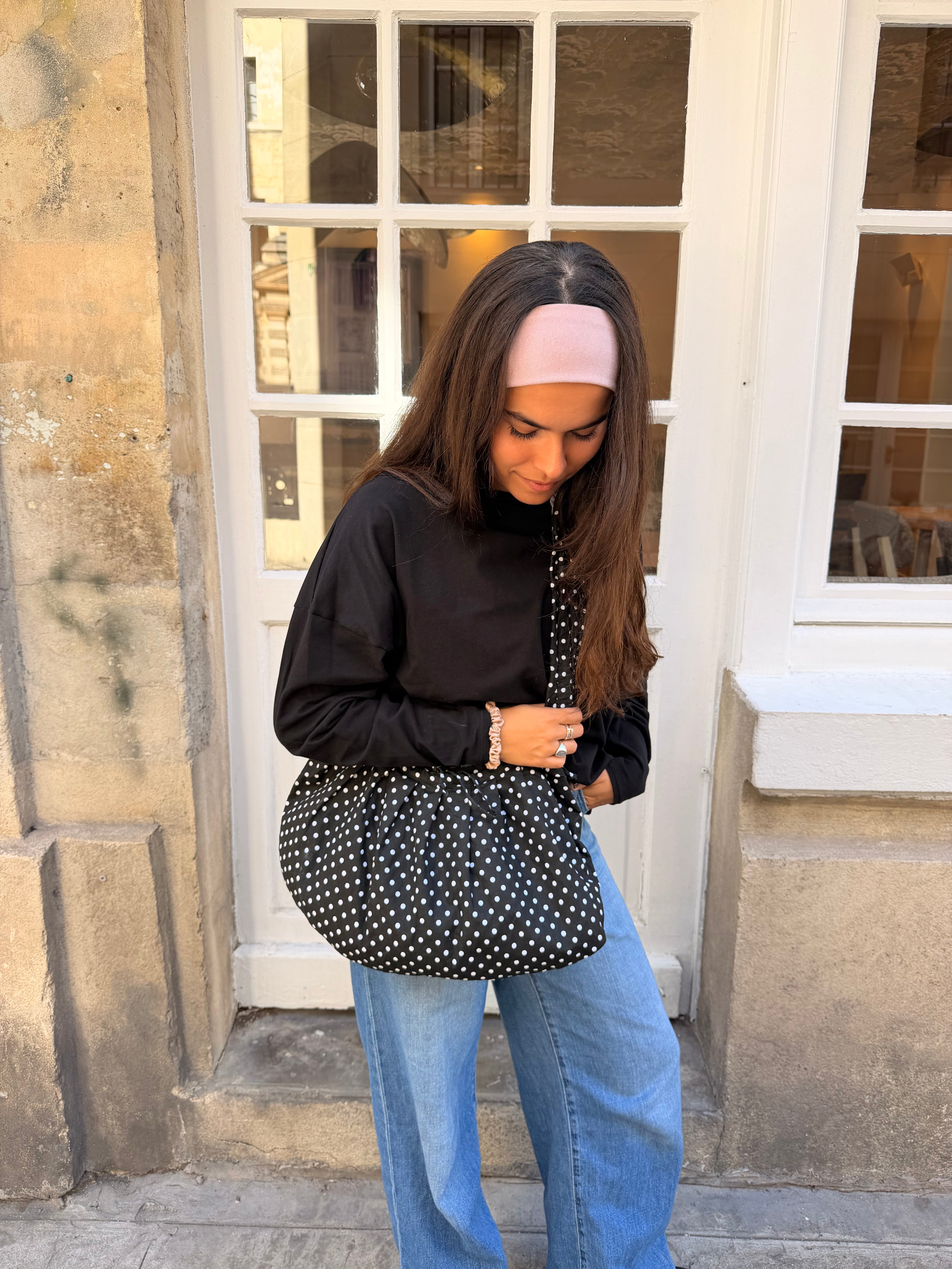 Black Polkadot Adjustable Bag 